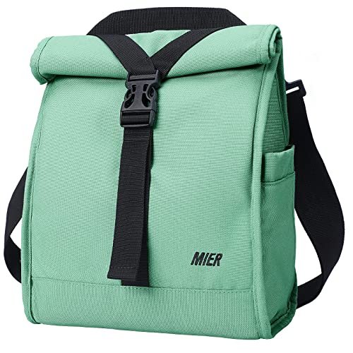 MIER Insulated Lunch Bag Roll Top Lunchbox for Women Men Adults Foldable Rolltop Lunch Tote with Shoulder Strap for Work Office Picnic, Water Bottle Holder, Green - color: Green