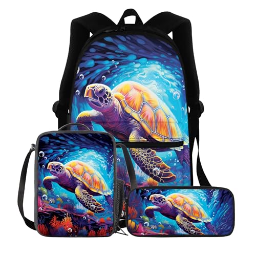 BIGCARJOB Ocean Turtle School Backpack Set for Teen Boys Backpack with Insulated Lunch Bag Pencil Case for Kids Elementary Schoolbags Set 3 Pcs Animal Sea Turtle Travel Rucksack Daypack - color: Ocean Sea Turtle Blue, size: One Size