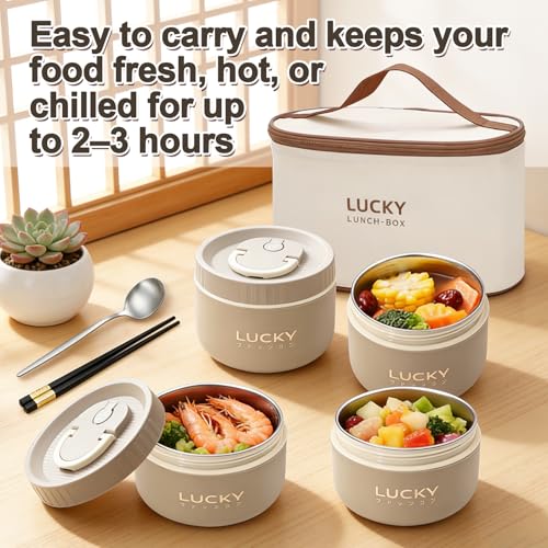 Portable Insulated Lunch Container set, Bento Box Adult Lunch Box Set with Insulated Lunch Bag, 4 Separate Stackable Thermal Food Lunch Container for Adult, Brown - color: 4 Tier-Brown