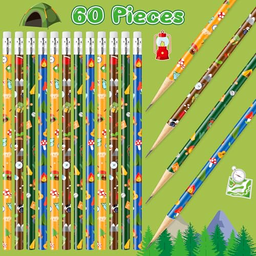 Xqumoi 60Pcs Camping Pencils with Erasers - 4 Designs #2 HB Pencils in Bulk Outdoor Camping Patterns Themed Stationery School Classroom Rewards Goodie Bag Fillers Stuffers Birthday Party Favors - style: Camping
