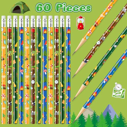 Xqumoi 60Pcs Camping Pencils with Erasers - 4 Designs #2 HB Pencils in Bulk Outdoor Camping Patterns Themed Stationery School Classroom Rewards Goodie Bag Fillers Stuffers Birthday Party Favors - style: Camping