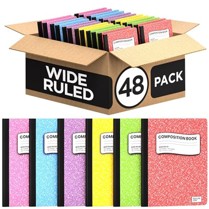 E-CLIPS USA Wide Ruled Composition Notebook Wide Ruled Hardcover Notebooks for School Supplies Notebooks Bulk Hardcover Notebook Pastel 100 Sheets 200 Pages 9.75” x 7.25” (48 Pack, Wide Ruled) - size: 48 Pack