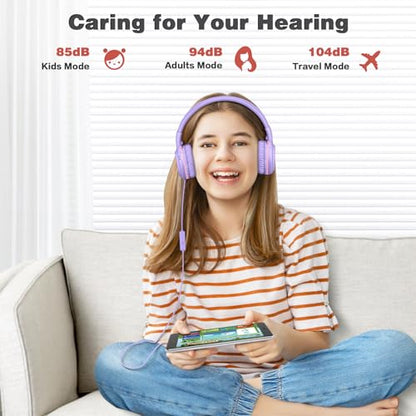 SIMOLIO Stereo Wired Headphones Teens Adults Kids Youth with Mic & Volume Control & Volume Limited & Share Port & 3.5mm AUX Jack, Safe Volume Foldable Headset for Online School Gaming PC Laptop Travel