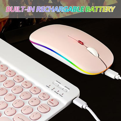 Bluetooth Keyboard and Mouse Combo for iPad - Rechargeable Wireless Keyboard & Mouse with 7-Color Backlit Compatible with iPad 9th/8th Gen, iPad Pro/Air/Mini, iPhone14/13/12 Pro, Round Keys Pink - color: pink