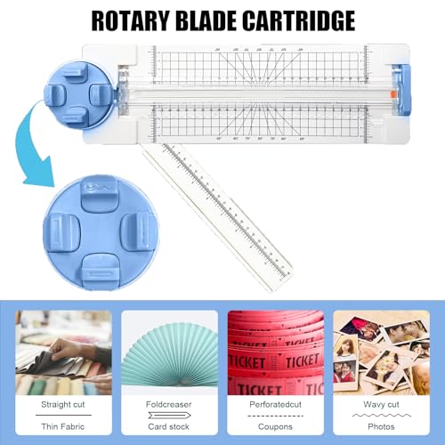 4 in 1 A4 Craft Paper Cutter Rotary Trimmer with Sliding Blade, Safe Precision Paper Trimmer with Grid Lines & Ruler, Multi-Color Cutting Tool for Scrapbook, Cards & DIY Projects (Blue)