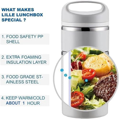Lille Home Stackable Stainless Steel Thermal Compartment Lunch/Snack Box, 3-Tier Insulated Bento/Food Container with Lunch Bag, Utensils Set and Three Extra Seals, 43OZ (Gray with Utensils) - color: Gray with Utensils
