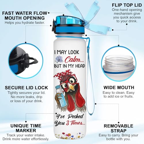 Funny Chicken Water Bottle 32oz, Stop Slacking Drink Your Water Tumbler with Time Marker, Cute Rooster Farm Gift for Chicken Lovers Women Mom - color: Chicken