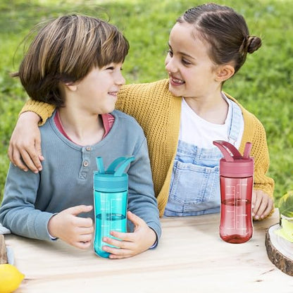 14oz Clear Kids Water Bottle with Straw Lid, BPA-Free Tritan, Measurement Scale, Sturdy Handle Wide Mouth Leak-proof Reusable Plastic Bottle for Boy& Girls, Back to School(Red) - color: Red