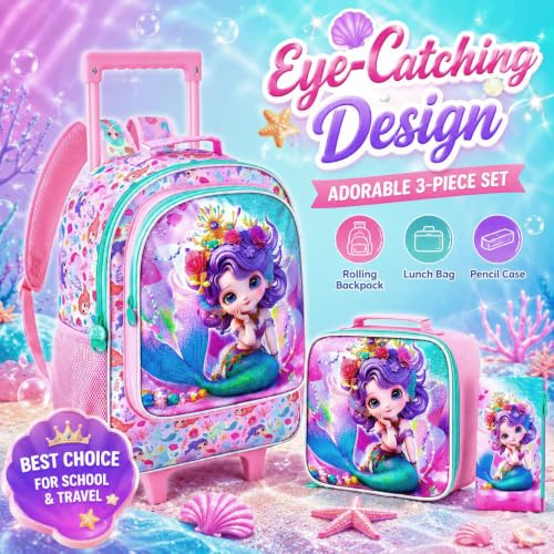 3Pcs Mermaid Rolling Backpack for Girls, Kids School Backpacks with Wheels, Roller Bookbag with Lunch Box for Elementary Preschool(Pink) - color: Mermaid Pink02