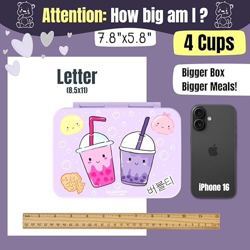 BEARFOOT Kids Lunch Box with Compartments – Compact & Lightweight | Leak-Proof, BPA-Free, Dishwasher Safe | Hand-Drawn Design for Preschool, School, Travel (BubbleTea Purple, 4 Cups) | BPA Free Leakproof Lunch Box with Compartments School & Nursery for Gi