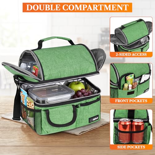 opux Insulated Lunch Bag Women Men, Dual Compartment Leakproof Lunch Box Adults Kids, Double Decker Meal Prep Bento Lunch Cooler Tote with Shoulder Strap for Work Office School Travel, Green - color: Heather Green