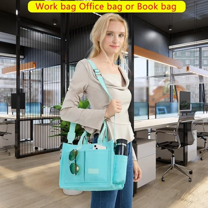 ZHMO Canvas Tote Bag for Women,Women's Bags Crossbody Bags Work Laptop Tote Bag Large Handbags Purse for Travel Nurse Teacher - color: New Upgrade Plus Green With Compartments and Inner Cup Holder