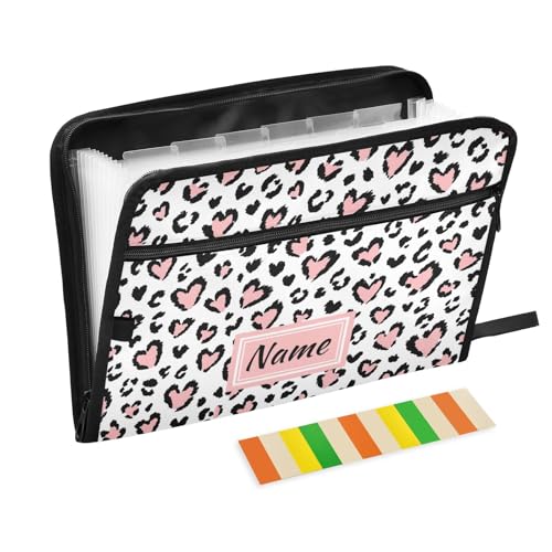 Leopard Print Pink Heart Custom Expanding File Folder, 13 Pockets Personalized Name Accordion File Organizer with Sticky Labels Zipper Portable A4 Document Organizer for Home Office School Supplies - color: A12