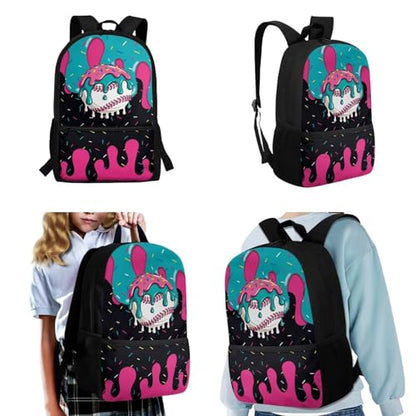 CLOHOMIN Baseball Kids Bookbag for Girls with Lunch Box 3 Piece Ice Cream Backpack Set Book Bags for Primary School Kids 1st Grade Cute Schoolbag with Lunch Tote Bag Water Bottle Bag for Girl 6-8 - color: Ice Cream Baseball
