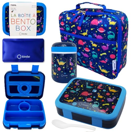 Dinosaur Bento Lunch Box for Boys with Thermo Stainless Steel Food Jar for Hot Food Soup, Insulated Dinosaur Lunch Bag and Ice Pack Set, Kids Container Boxes with 4 Compartments, Blue Space Dino - color: Blue Rocket Dino Set