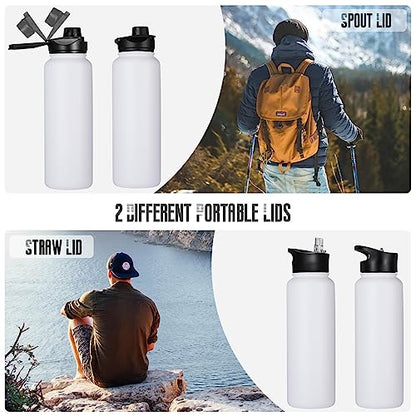 40 oz Insulated Water Bottle with Straw, Stainless Steel Sports Water Bottles with 2 Lids (Straw and Wide Mouth lid), Double Wall Vacuum, Leakproof, BPA-Free, White - color: White, size: 40 Ounces