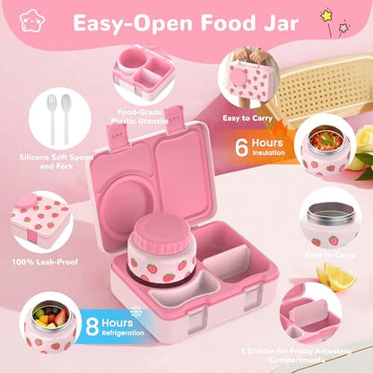 Bento Lunch Box for Kids Adult, Leakproof 3-4 Compartment Bento Box Set with Insulated Food Jar,Water Bottle, Lunch Bag, School Lunch Container for Toddler Teen Girls Boys Ages 3+(Strawberry) - color: Strawberry