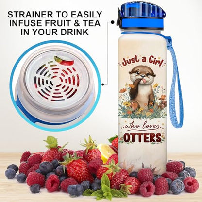 34HD Otter Water Bottle with Time Marker & Straw 32oz, Just a Girl Who Loves Otters, Cute River Otters Wildlife Design, Birthday Gift for Otter Lovers Women Girl - color: Brown otter