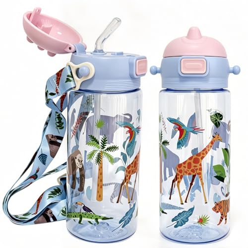 20oz Leak Proof Kids Water Bottle with Detachable Strap, Zoo | Sturdy, Shock-Resistant, Large Capacity, One-Touch Lid Opening, with Straw for School and Travel, BPA Free, Dishwasher Safe - color: Zoo