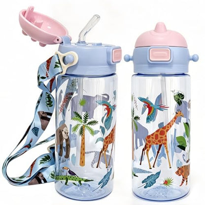 20oz Leak Proof Kids Water Bottle with Detachable Strap, Zoo | Sturdy, Shock-Resistant, Large Capacity, One-Touch Lid Opening, with Straw for School and Travel, BPA Free, Dishwasher Safe - color: Zoo