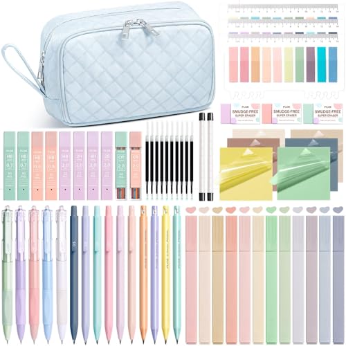 62PCS Aesthetic School Supplies with Cute Pencil Case, Pastel Highlighters Black Ink Gel Pens Mechanical Pencils Kit, Back to School Supplies College Essentials Preppy Stationary Set for Student Girls - color: Blue