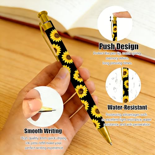 Ballpoint Pen 4Pcs Click Black Ink Metal Retractable 1.0 mm Medium Ballpoint Pens Quick Dry for Office School (Big Sunflowes) - color: Big Sunflowes