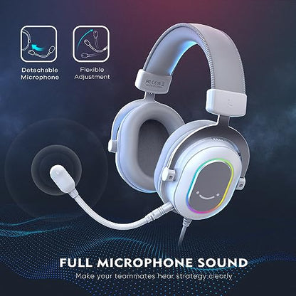 FIFINE USB Gaming Headset, PC Headphones Wired with Microphone for Computer/Laptop, Over-Ear RGB Headset with 7.1 Surround Sound, Noise Cancellation for Streaming Video Game- AmpliGame H6 (White) - color: White