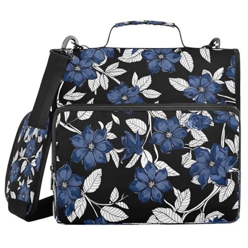 Navy Blue Flowers Zipper Binder 3 Ring with Shoulder Strap and Handle Multiple Pockets Expanding File Folder Organizer