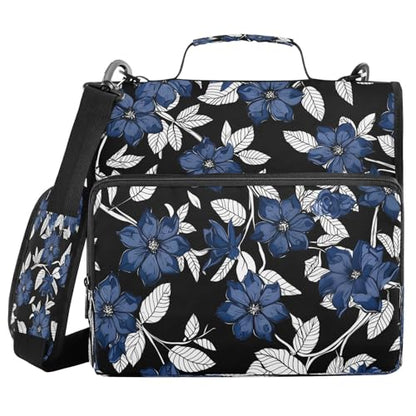 Navy Blue Flowers Zipper Binder 3 Ring with Shoulder Strap and Handle Multiple Pockets Expanding File Folder Organizer