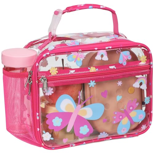 Bagseri Clear Kids Lunch Bag - School Snack Bag with Bottle Holder | Side Pocket, Buckle Handle, Wide Opening, PEVA Lining, School Kids Lunch Box, Clear Toy Bags, Pink Butterfly - color: B-rose pink butterfly