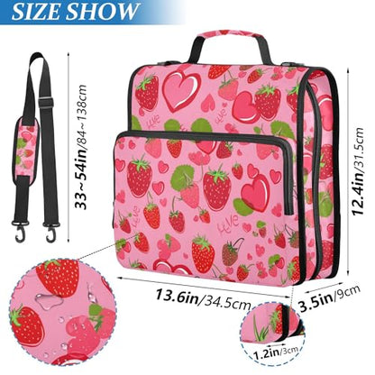 Cute Strawberry Zipper Binder 3 Ring with Shoulder Strap, Multiple Pockets Expanding File Folder Binder Bag Organizer