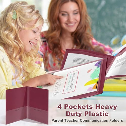 Henoyso 24 Pcs Plastic Folders with Clear Front Pockets Heavy Duty Take Home Back to School Pockets Homework Folders for School Students Parent Teacher Classroom Communication (Burgundy) - color: Burgundy