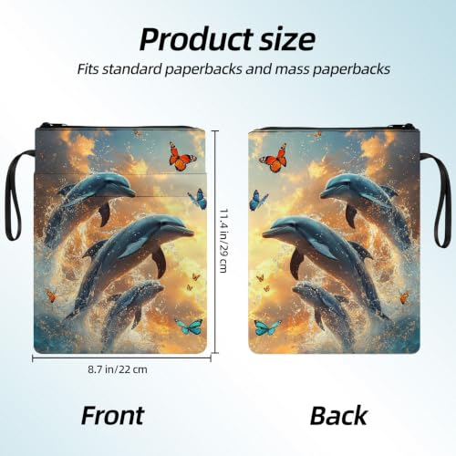 Padded Book Sleeve with Zipper & Front Pocket, Fabric Book Cover | Sunset Ocean Dolphins Sea11.4"x8.7" Washable Canvas Pouch for Hardcovers, Tablets & Reading Accessories - color: Sunset Ocean Dolphins Sea