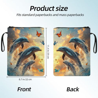 Padded Book Sleeve with Zipper & Front Pocket, Fabric Book Cover | Sunset Ocean Dolphins Sea11.4"x8.7" Washable Canvas Pouch for Hardcovers, Tablets & Reading Accessories - color: Sunset Ocean Dolphins Sea