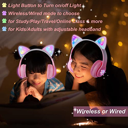 Cat Ear Kids Headphones Bluetooth, LED Light up Wireless/Wired Mode Over Ear Headphones with Build in Microphone for School/Travel (Pink) - color: Pink