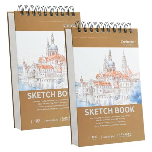 Crehatos 5.5" x 8.5" Small Sketch Book, Top Spiral Bound Sketch Pad, 100 Sheets Each 68lb/100gsm Drawing Paper, 2 Pack | Top Spiral Bound Sketch Pad, 68lb/100gsm Drawing Paper for Dry Media