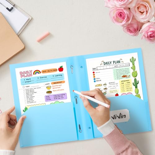 ViVin Sturdy Plastic Folder with Pockets,6 Pack,Heavy Duty Two Pocket 3 Prong Folders,Holds Letter Size Paper,File Folders with Business Card Slot for School Home and Office(Light Blue) - color: Light Blue, size: 6 PACK