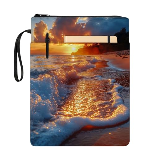 Padded Book Sleeve with Zipper & Front Pocket, Fabric Book Cover | Golden Sunset Beach Waves11.4"x8.7" Washable Canvas Pouch for Hardcovers, Tablets & Reading Accessories - color: Golden Sunset Beach Waves