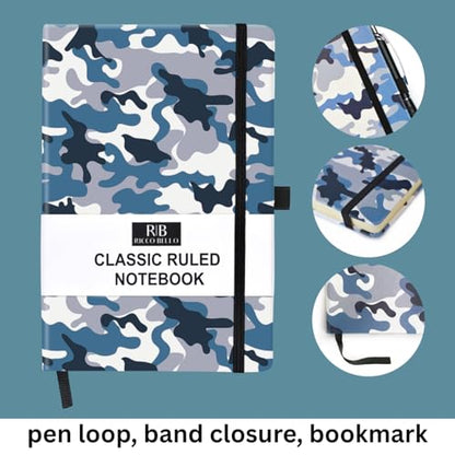RICCO BELLO Lined Journal Notebook, Blue Camo, 5.7 x 8.4-Inches | Faux Leather Hardcover, Pen Holder, College Ruled, 96 Sheets / 192 Pages, For Work & Notes - color: Blue Camo