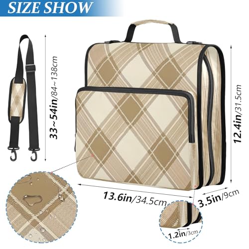Light Brown Plaid Pattern Zipper Binder 3 Ring with Shoulder Strap and Handle Multiple Pockets Expanding File Folder Organizer