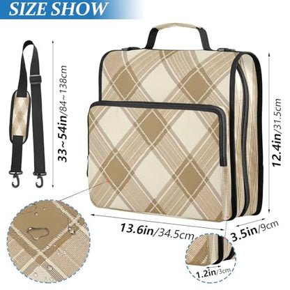 Light Brown Plaid Pattern Zipper Binder 3 Ring with Shoulder Strap and Handle Multiple Pockets Expanding File Folder Organizer