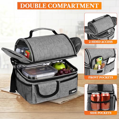 opux Insulated Lunch Bag Women Men, Dual Compartment Leakproof Lunch Box Adults Kids, Double Decker Meal Prep Bento Lunch Cooler Tote with Shoulder Strap for Work Office School Travel, Gray - color: Heather Gray