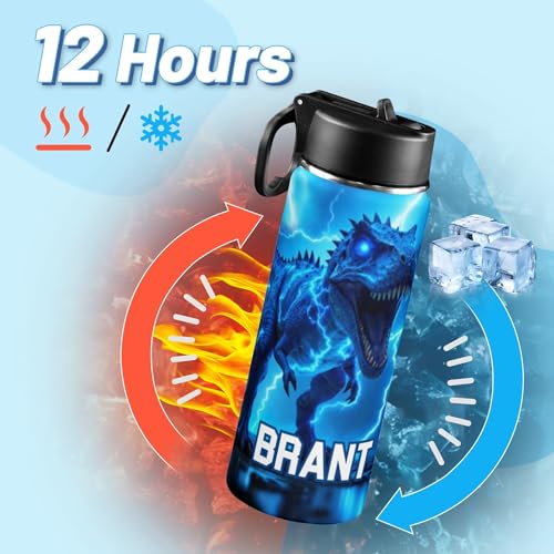 Personalized Dinosaur Water Bottle for Boys, Customized Kids Insulated Bottle with Name for Kids for School, Stainless Steel Thermo with Straw, 18oz - color: Dinosaur