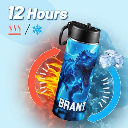 Personalized Dinosaur Water Bottle for Boys, Customized Kids Insulated Bottle with Name for Kids for School, Stainless Steel Thermo with Straw, 18oz - color: Dinosaur