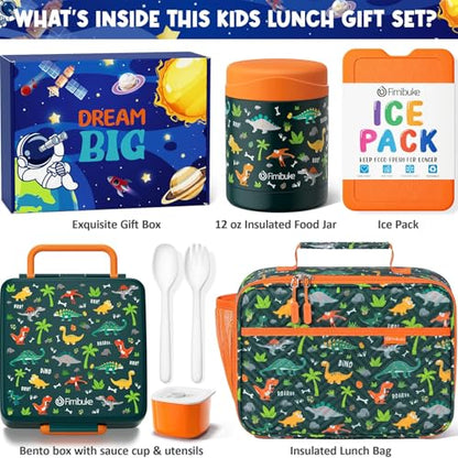 Fimibuke Kids Bento Snack Lunch Box with Thermo Insulated Toddler Lunch Bag | Lunch Box Kids with 4 Compartment, Food Jar, Ice Pack, Utensils, Birthday Gifts for Ages 3-12 Back to School Toddler Girl Boy - color: A7.Green Dinosaur