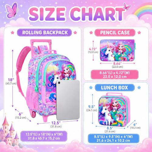 gxtvo Girls Rolling Backpack, Cute Mermaid Roller Wheels Kids Bookbag - Wheeled Elementary School Bag - 3PCS Mermaid - color: Uv Printing Mermaid Unicorn Pink Rolling Backpack