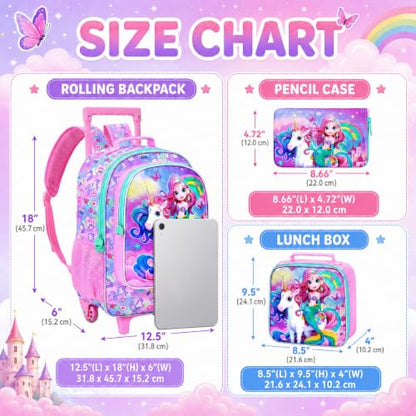 gxtvo Girls Rolling Backpack, Cute Mermaid Roller Wheels Kids Bookbag - Wheeled Elementary School Bag - 3PCS Mermaid - color: Uv Printing Mermaid Unicorn Pink Rolling Backpack