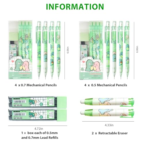 Cute Green Dinosaur Mechanical Pencil Set Include 8Pcs Kawaii Mechanical Pencils,2 Tubes Mechanical Pencil Lead Refills,2Pcs Dinosaur Erasers,for Office School Supplies - style: Dinosaur