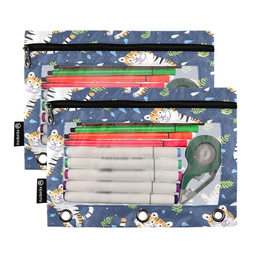 SUABO Tigers Pencil Pouch for 3 Ring Binder, 2 PCS Binder Pencil Pouch with Zipper, Clear Window Zipper Pencil Case Pencil Bags for Office Supplies - color: Tigers