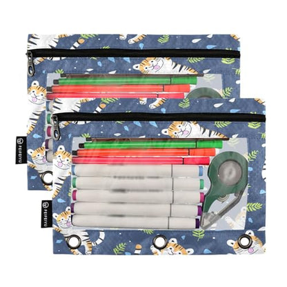 SUABO Tigers Pencil Pouch for 3 Ring Binder, 2 PCS Binder Pencil Pouch with Zipper, Clear Window Zipper Pencil Case Pencil Bags for Office Supplies - color: Tigers